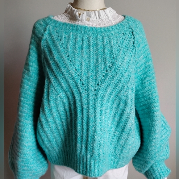 Free People Puff Sleeve Fuzzy Oversized Cropped Sweater Turquoise Colorful Sz M - Picture 4 of 13